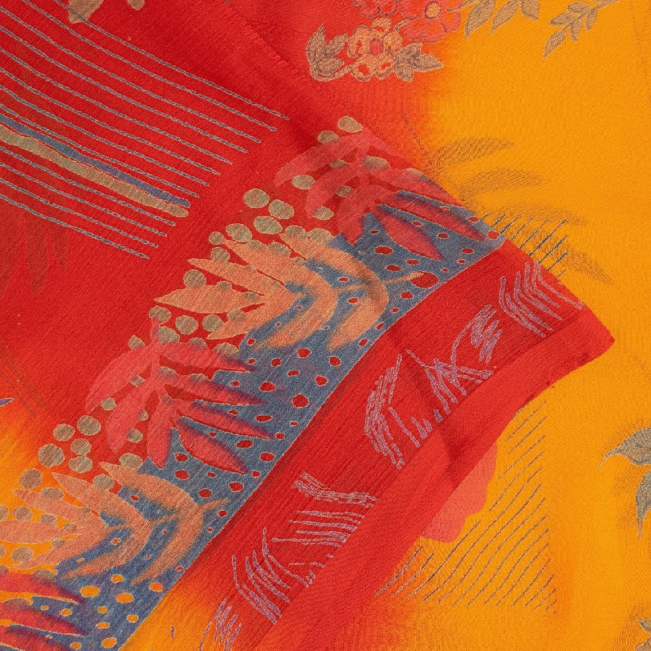 Sanskriti Vintage Sarees Red & Yellow Pure Silk Floral Print 5+YD Sari For Quilt