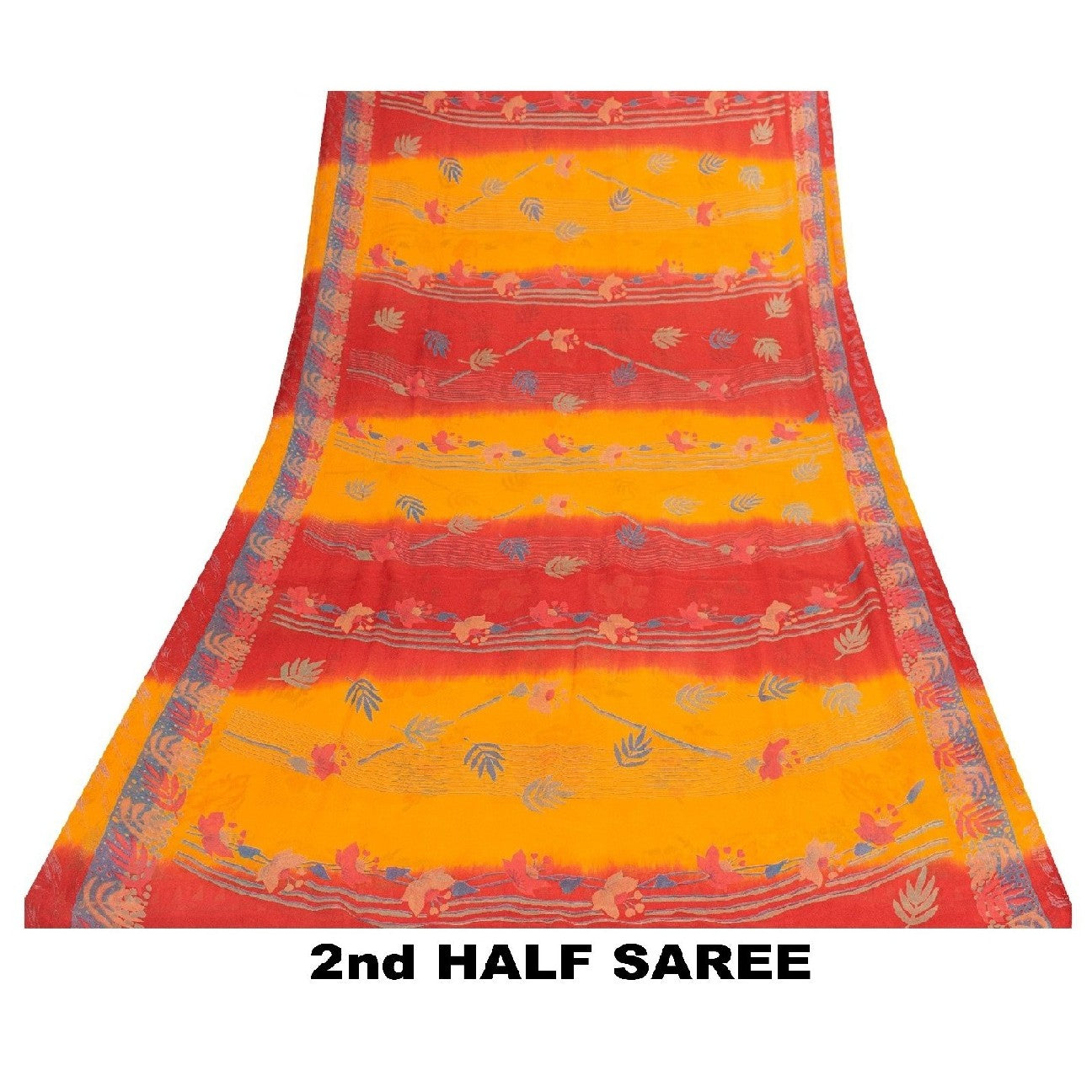 Sanskriti Vintage Sarees Red & Yellow Pure Silk Floral Print 5+YD Sari For Quilt