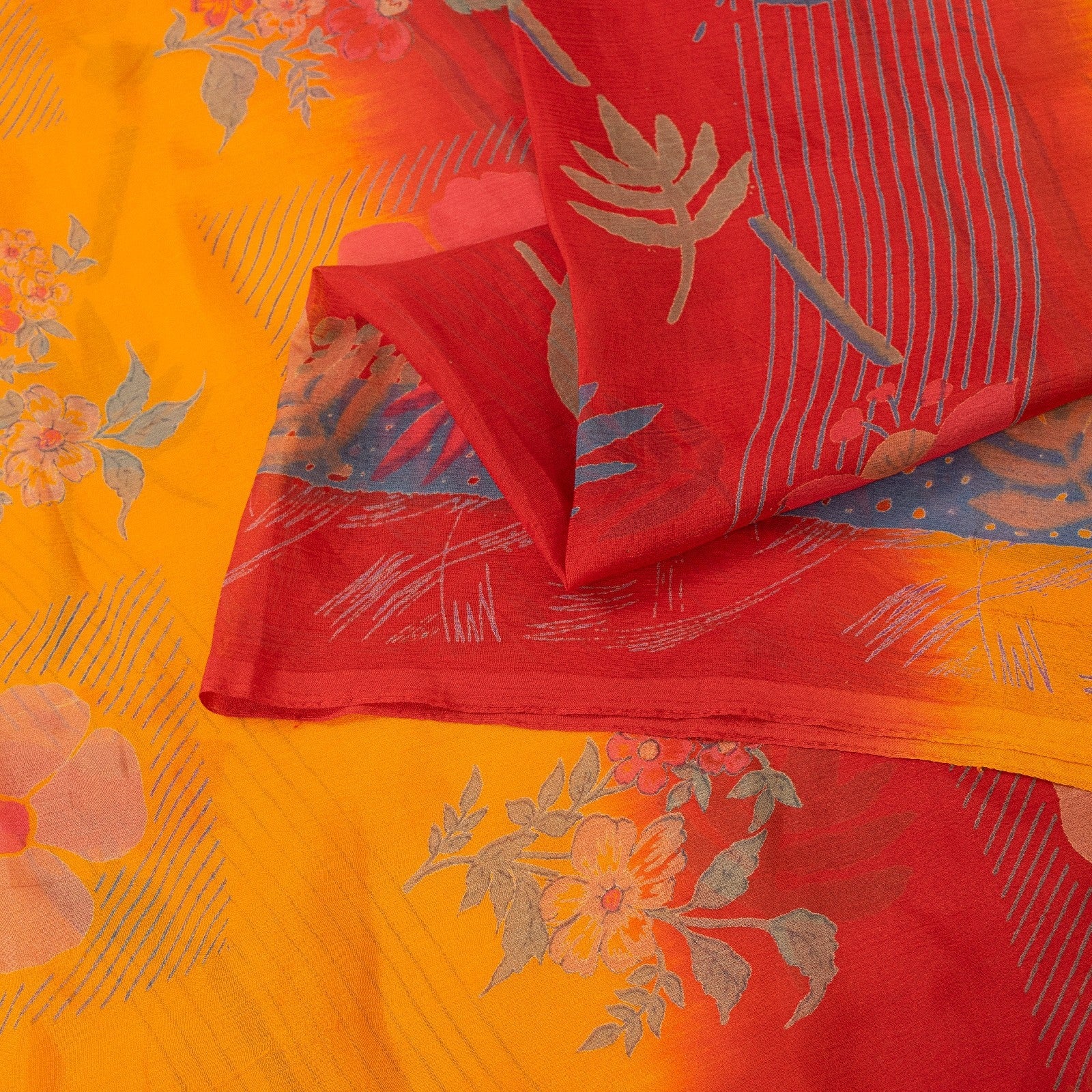 Sanskriti Vintage Sarees Red & Yellow Pure Silk Floral Print 5+YD Sari For Quilt