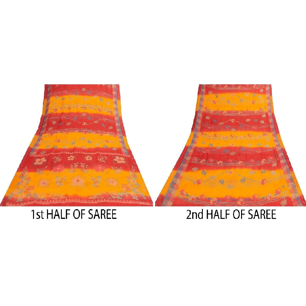 Sanskriti Vintage Sarees Red & Yellow Pure Silk Floral Print 5+YD Sari For Quilt