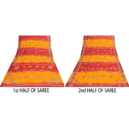 Sanskriti Vintage Sarees Red & Yellow Pure Silk Floral Print 5+YD Sari For Quilt