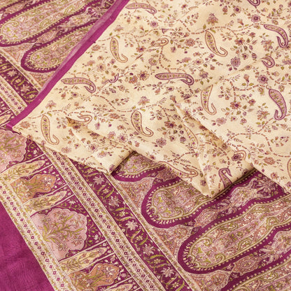Sanskriti Vintage Sarees Ivory Pure Silk Paisley Print 6+YD Sari For Crafters