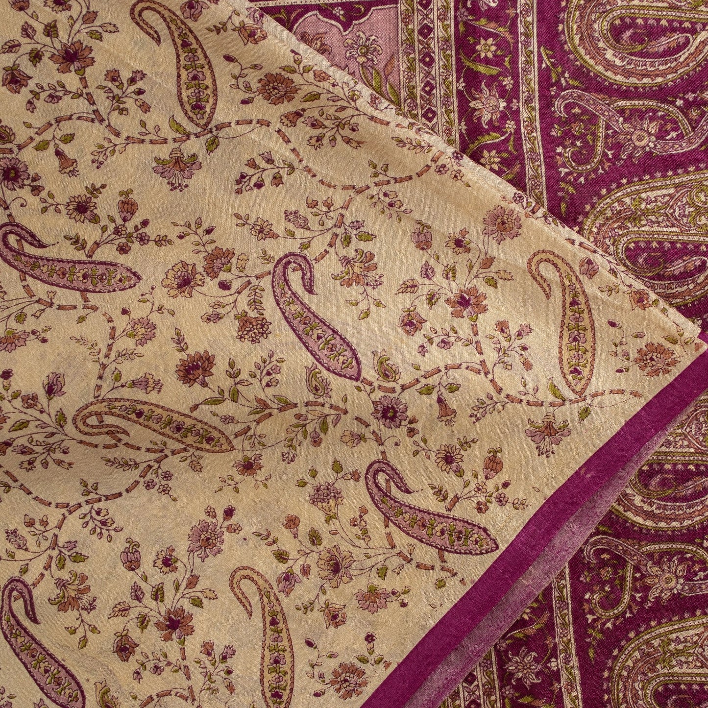 Sanskriti Vintage Sarees Ivory Pure Silk Paisley Print 6+YD Sari For Crafters
