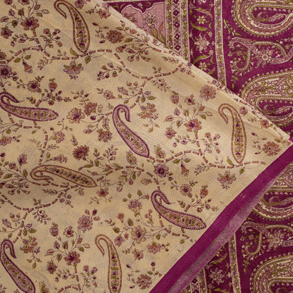 Sanskriti Vintage Sarees Ivory Pure Silk Paisley Print 6+YD Sari For Crafters