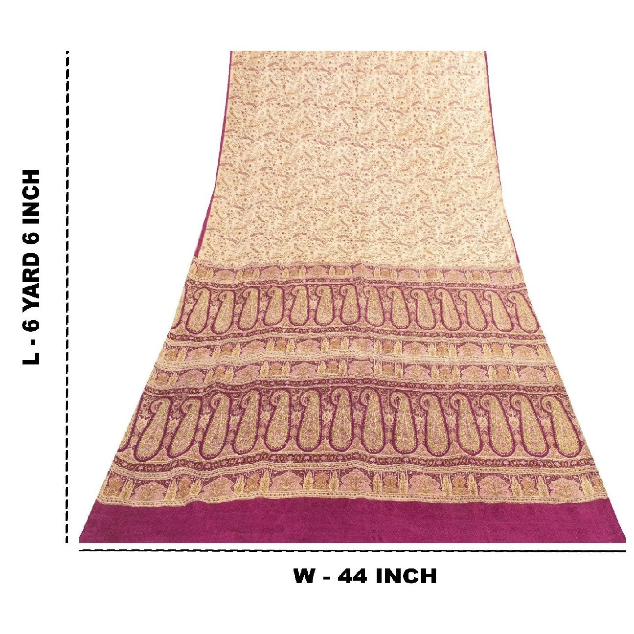 Sanskriti Vintage Sarees Ivory Pure Silk Paisley Print 6+YD Sari For Crafters