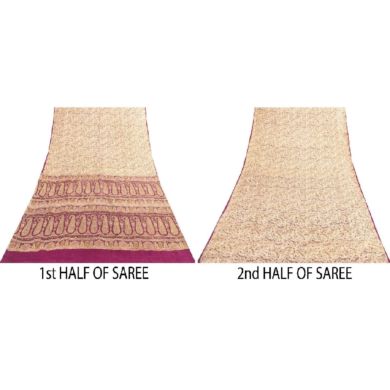 Sanskriti Vintage Sarees Ivory Pure Silk Paisley Print 6+YD Sari For Crafters