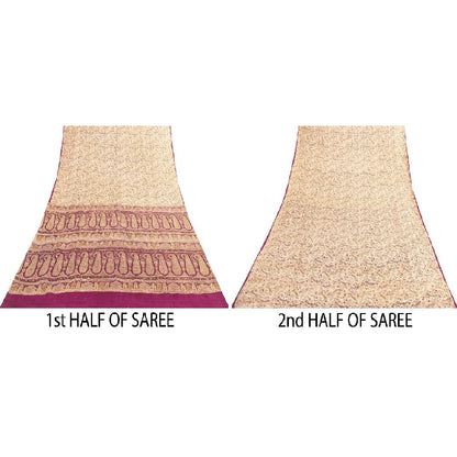 Sanskriti Vintage Sarees Ivory Pure Silk Paisley Print 6+YD Sari For Crafters