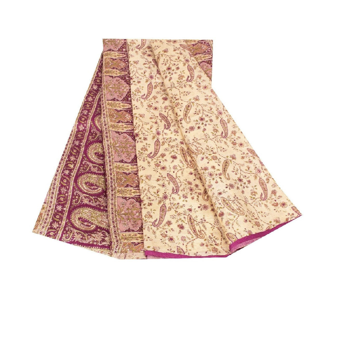 Sanskriti Vintage Sarees Ivory Pure Silk Paisley Print 6+YD Sari For Crafters
