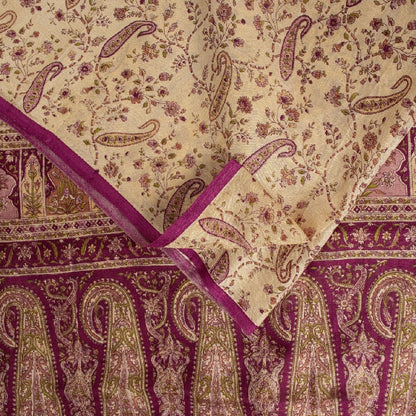 Sanskriti Vintage Sarees Ivory Pure Silk Paisley Print 6+YD Sari For Crafters