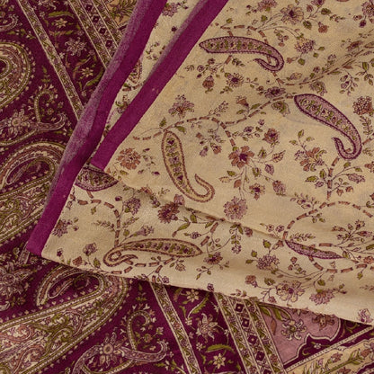 Sanskriti Vintage Sarees Ivory Pure Silk Paisley Print 6+YD Sari For Crafters