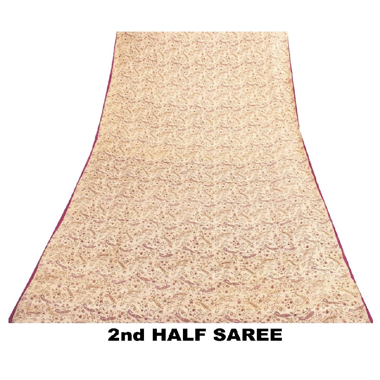 Sanskriti Vintage Sarees Ivory Pure Silk Paisley Print 6+YD Sari For Crafters