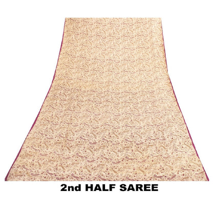 Sanskriti Vintage Sarees Ivory Pure Silk Paisley Print 6+YD Sari For Crafters