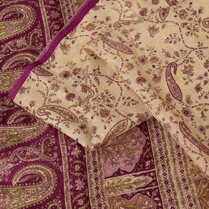 Sanskriti Vintage Sarees Ivory Pure Silk Paisley Print 6+YD Sari For Crafters