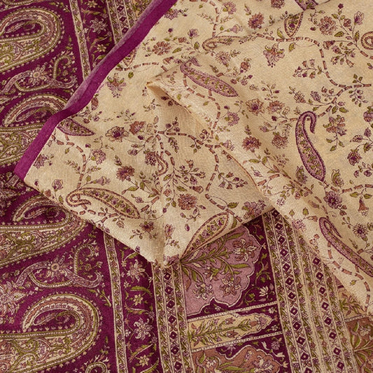 Sanskriti Vintage Sarees Ivory Pure Silk Paisley Print 6+YD Sari For Crafters