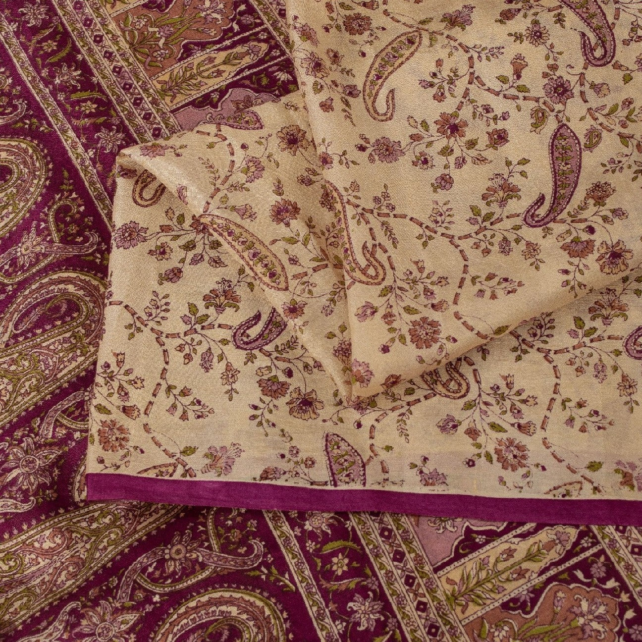Sanskriti Vintage Sarees Ivory Pure Silk Paisley Print 6+YD Sari For Crafters