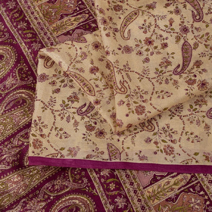 Sanskriti Vintage Sarees Ivory Pure Silk Paisley Print 6+YD Sari For Crafters