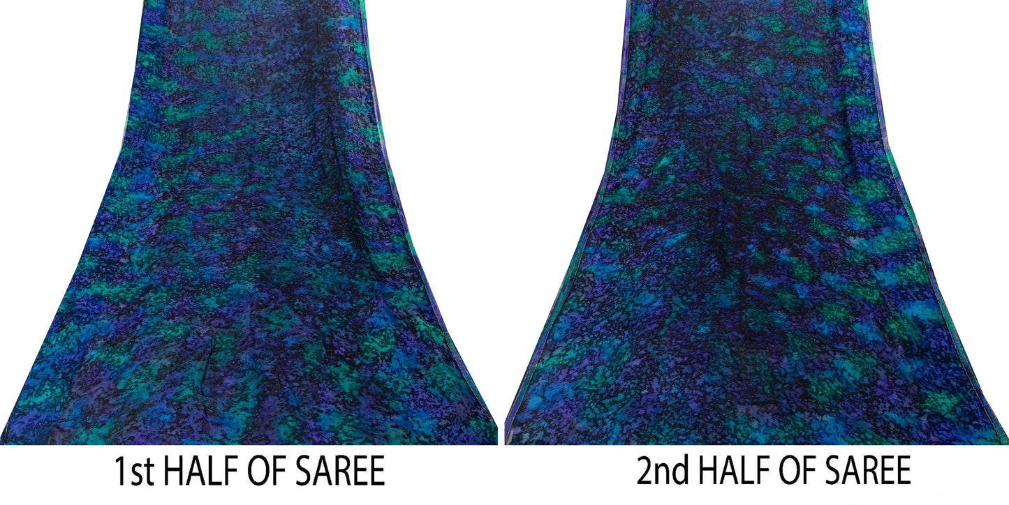 Sanskriti Vintage Sari Blue Pure Chiffon Marble Effect DigitalPrint Saree 5.5 YD