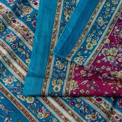 Sanskriti Vintage Sari Pink & Blue Pure Silk Digital Block Printed Saree 5.5Yard