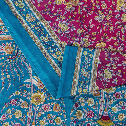 Sanskriti Vintage Sari Pink & Blue Pure Silk Digital Block Printed Saree 5.5Yard