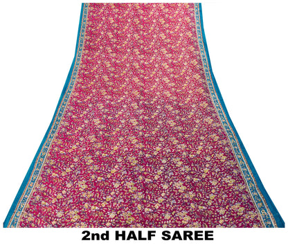 Sanskriti Vintage Sari Pink & Blue Pure Silk Digital Block Printed Saree 5.5Yard