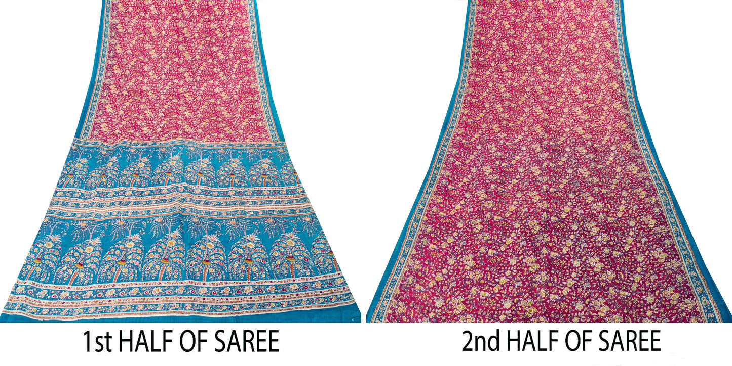Sanskriti Vintage Sari Pink & Blue Pure Silk Digital Block Printed Saree 5.5Yard