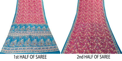 Sanskriti Vintage Sari Pink & Blue Pure Silk Digital Block Printed Saree 5.5Yard