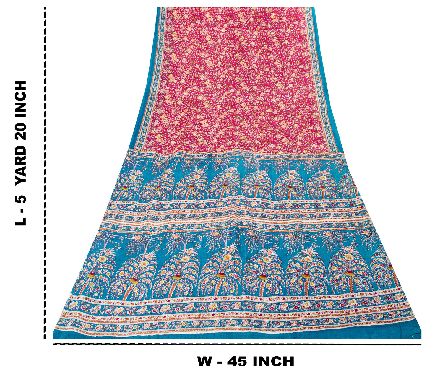 Sanskriti Vintage Sari Pink & Blue Pure Silk Digital Block Printed Saree 5.5Yard