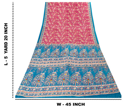 Sanskriti Vintage Sari Pink & Blue Pure Silk Digital Block Printed Saree 5.5Yard