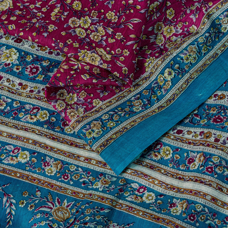 Sanskriti Vintage Sari Pink & Blue Pure Silk Digital Block Printed Saree 5.5Yard