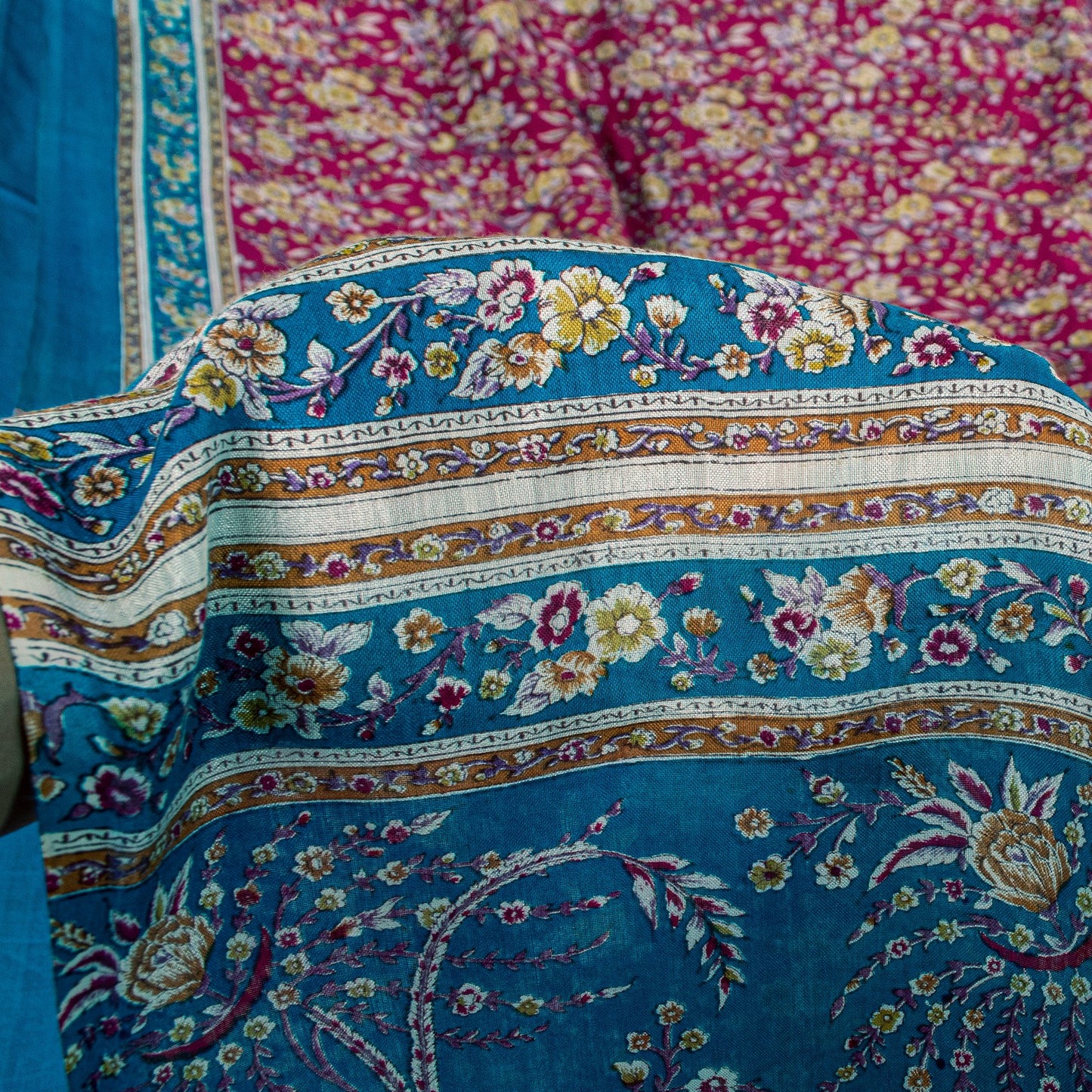 Sanskriti Vintage Sari Pink & Blue Pure Silk Digital Block Printed Saree 5.5Yard
