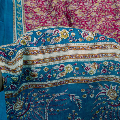 Sanskriti Vintage Sari Pink & Blue Pure Silk Digital Block Printed Saree 5.5Yard