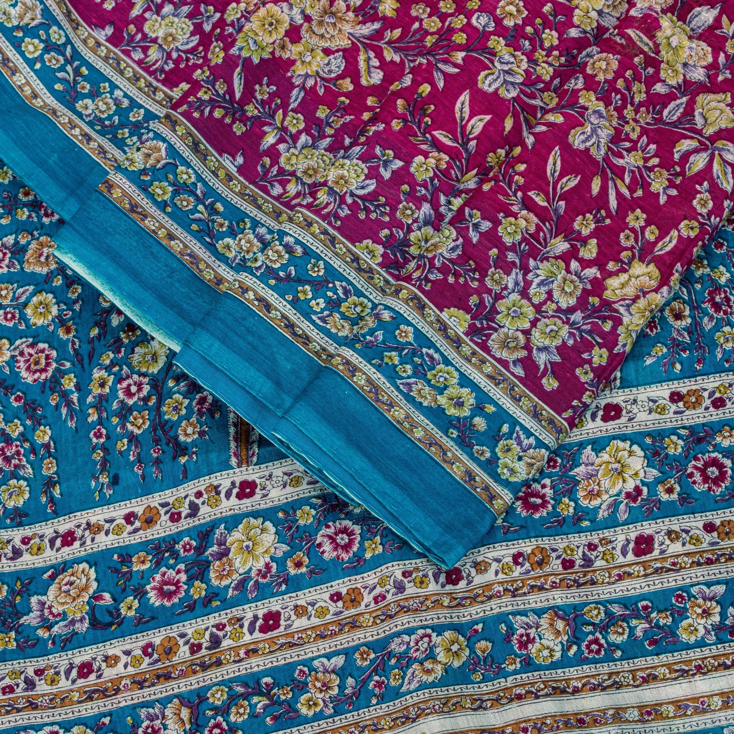 Sanskriti Vintage Sari Pink & Blue Pure Silk Digital Block Printed Saree 5.5Yard