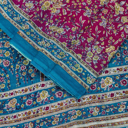 Sanskriti Vintage Sari Pink & Blue Pure Silk Digital Block Printed Saree 5.5Yard