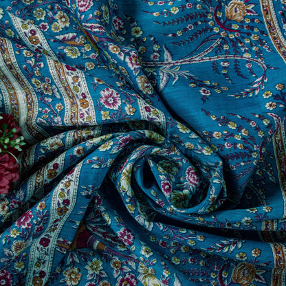 Sanskriti Vintage Sari Pink & Blue Pure Silk Digital Block Printed Saree 5.5Yard