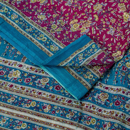 Sanskriti Vintage Sari Pink & Blue Pure Silk Digital Block Printed Saree 5.5Yard