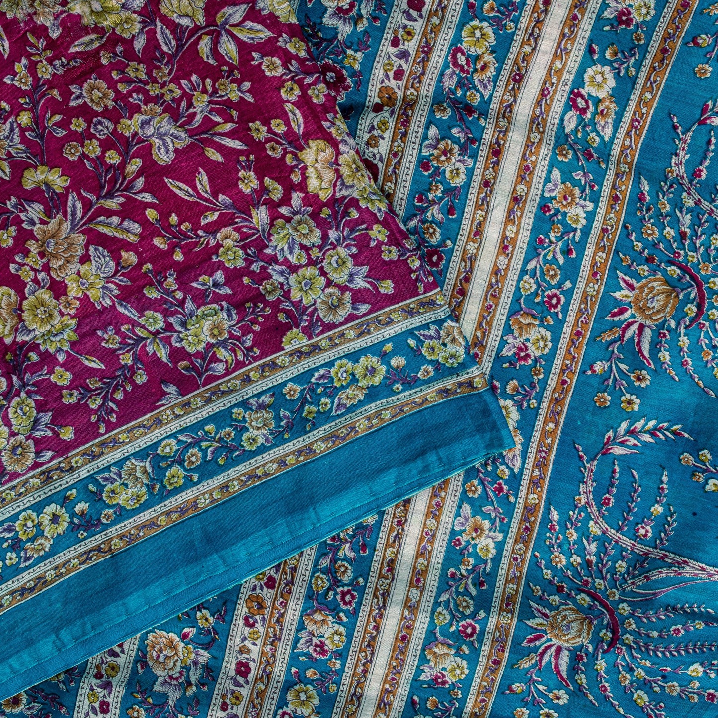 Sanskriti Vintage Sari Pink & Blue Pure Silk Digital Block Printed Saree 5.5Yard