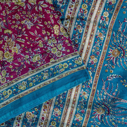Sanskriti Vintage Sari Pink & Blue Pure Silk Digital Block Printed Saree 5.5Yard