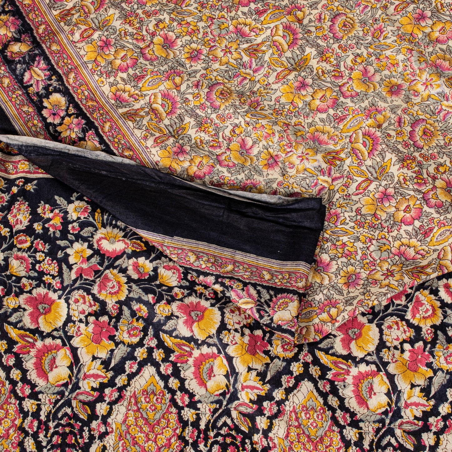 Sanskriti Vintage Sari Soft Cream-Black Pure Silk Rotary Print FloralSaree 5.5Yd