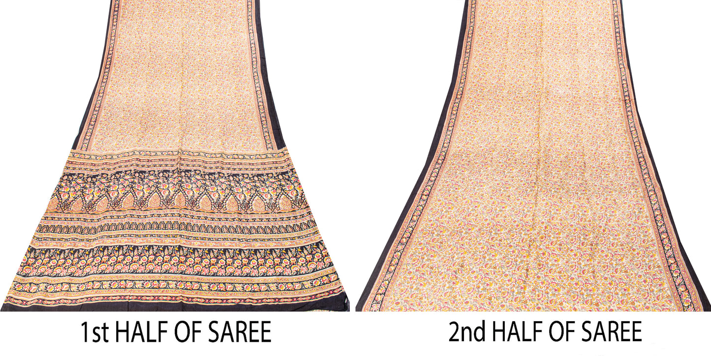 Sanskriti Vintage Sari Soft Cream-Black Pure Silk Rotary Print FloralSaree 5.5Yd