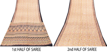 Sanskriti Vintage Sari Soft Cream-Black Pure Silk Rotary Print FloralSaree 5.5Yd