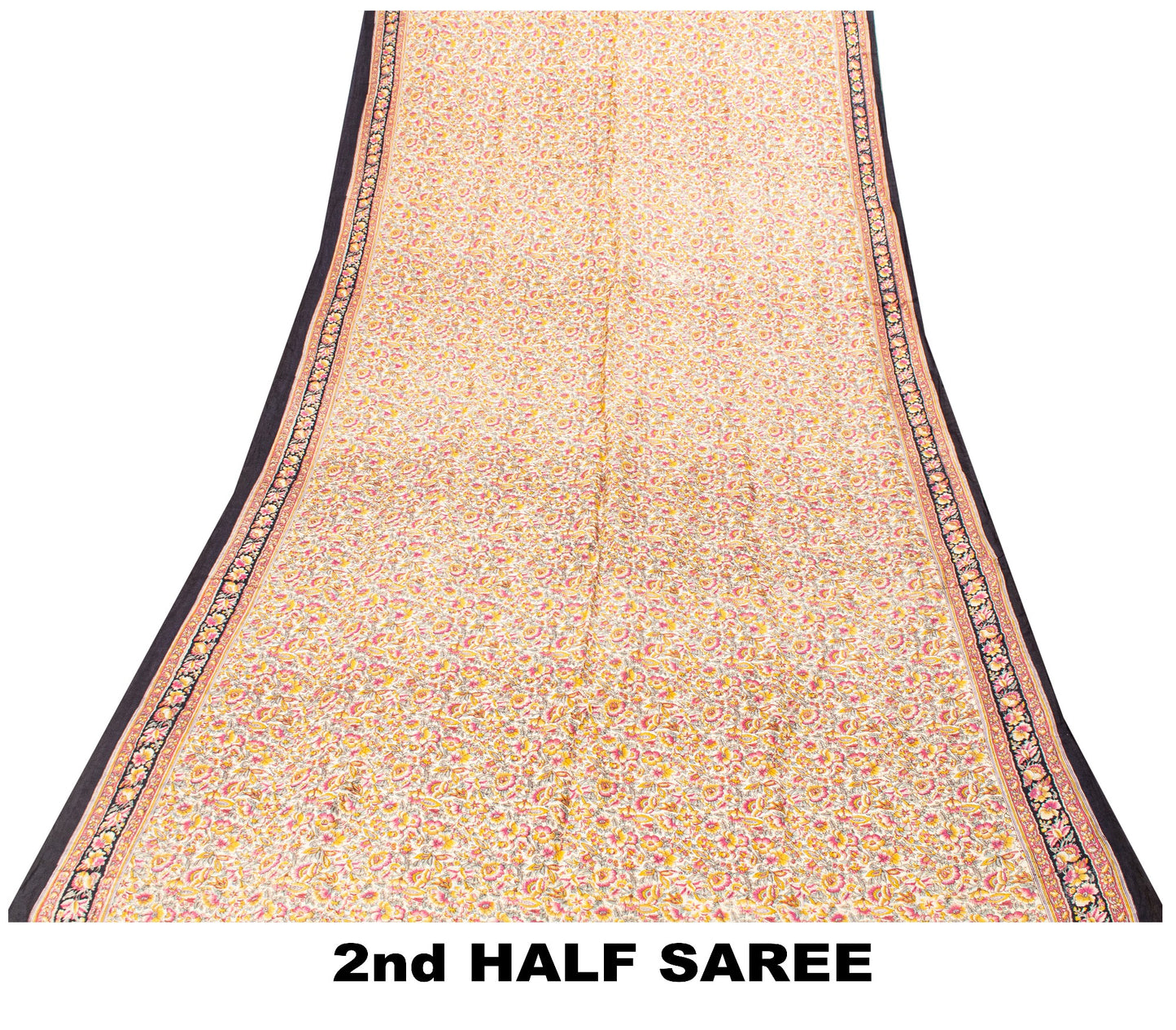 Sanskriti Vintage Sari Soft Cream-Black Pure Silk Rotary Print FloralSaree 5.5Yd