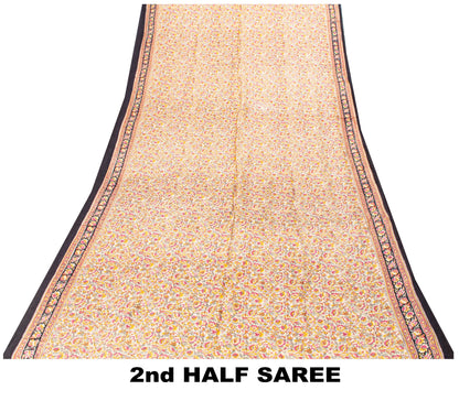 Sanskriti Vintage Sari Soft Cream-Black Pure Silk Rotary Print FloralSaree 5.5Yd