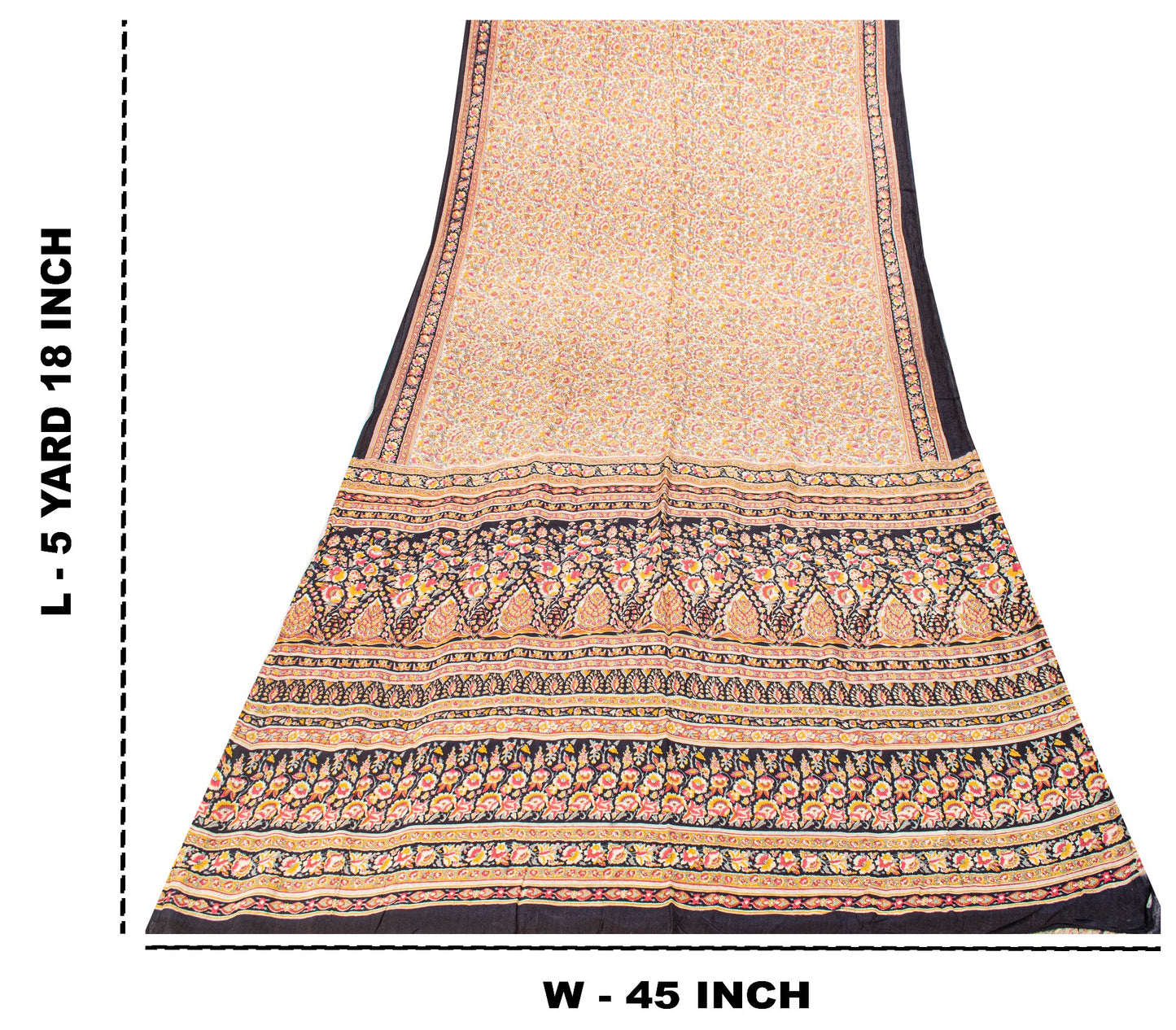 Sanskriti Vintage Sari Soft Cream-Black Pure Silk Rotary Print FloralSaree 5.5Yd