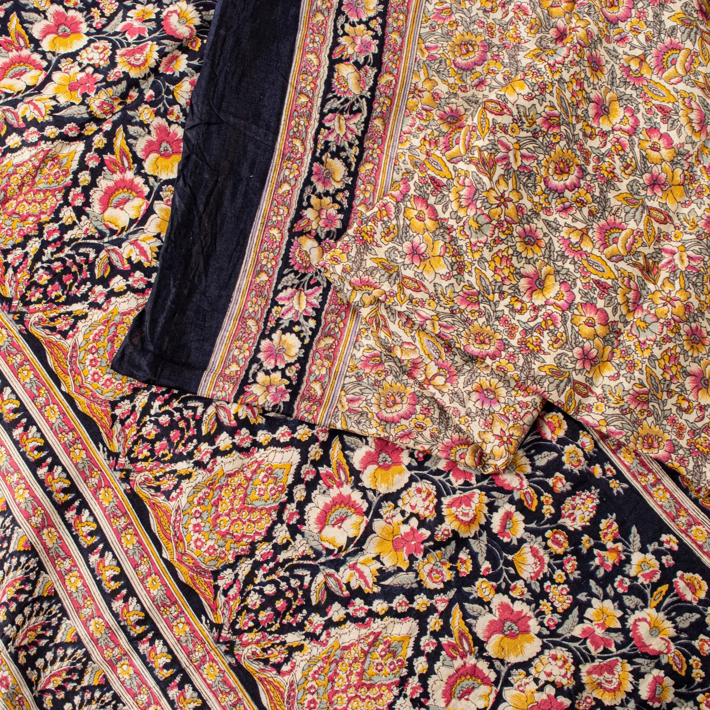 Sanskriti Vintage Sari Soft Cream-Black Pure Silk Rotary Print FloralSaree 5.5Yd