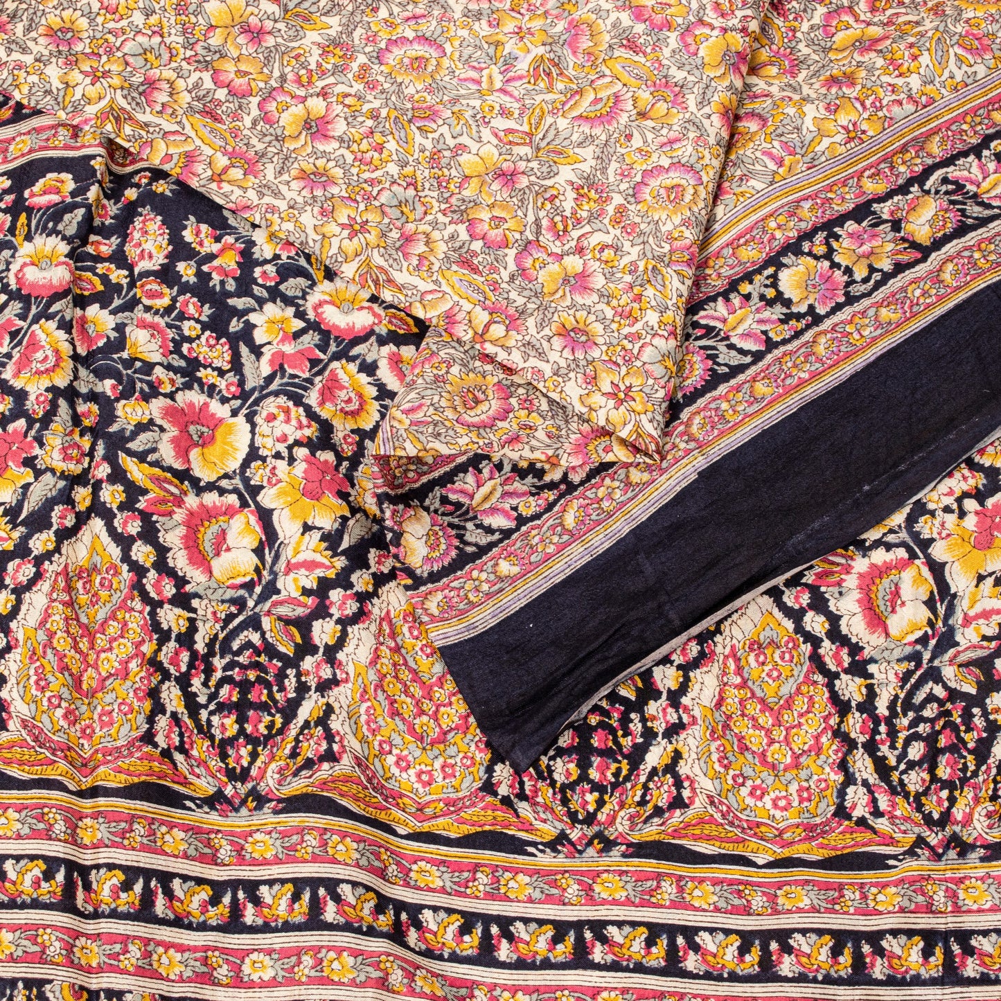 Sanskriti Vintage Sari Soft Cream-Black Pure Silk Rotary Print FloralSaree 5.5Yd