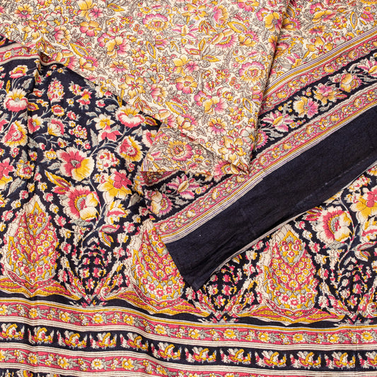 Sanskriti Vintage Sari Soft Cream-Black Pure Silk Rotary Print FloralSaree 5.5Yd