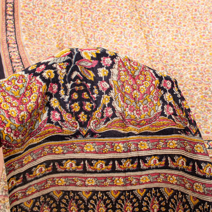 Sanskriti Vintage Sari Soft Cream-Black Pure Silk Rotary Print FloralSaree 5.5Yd