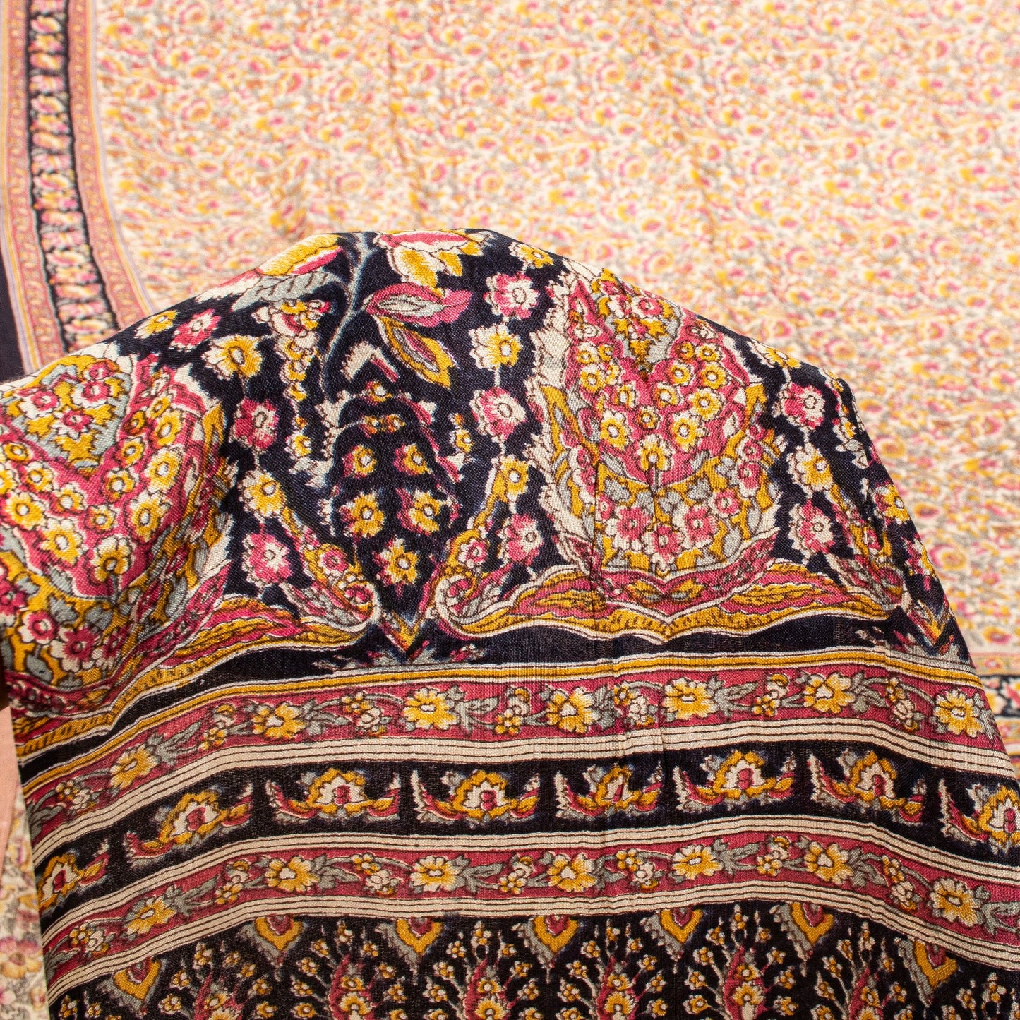 Sanskriti Vintage Sari Soft Cream-Black Pure Silk Rotary Print FloralSaree 5.5Yd