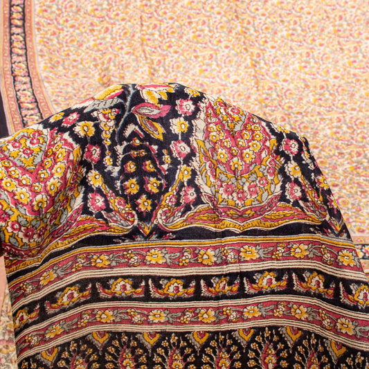 Sanskriti Vintage Sari Soft Cream-Black Pure Silk Rotary Print FloralSaree 5.5Yd