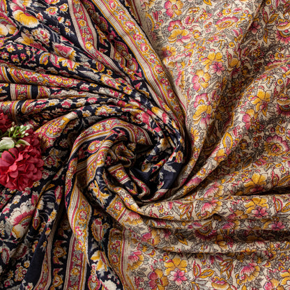 Sanskriti Vintage Sari Soft Cream-Black Pure Silk Rotary Print FloralSaree 5.5Yd